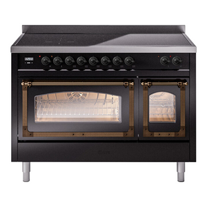 ILVE Nostalgie II 48-Inch Induction Range with 6 Induction Elements, 5.02 cu. ft. Oven, Glossy Black with Burnished Trim, Triple Glass Door, UNI486NMPBKB