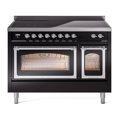 ILVE Nostalgie II 48-Inch Induction Range with 6 Induction Elements, 5.02 cu. ft. Oven, Glossy Black with Chrome Trim, Triple Glass Door, UNI486NMPBKC