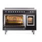 ILVE Nostalgie II 48-Inch Induction Range with 6 Induction Elements, 5.02 cu. ft. Oven, Glossy Black with Chrome Trim, Triple Glass Door, UNI486NMPBKC