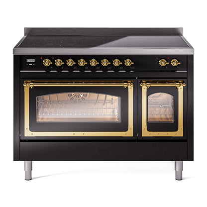 ILVE Nostalgie II 48-Inch Induction Range with 6 Induction Elements, 5.02 cu. ft. Oven, Glossy Black with Brass Trim, Triple Glass Door, UNI486NMPBKG
