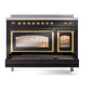 ILVE Nostalgie II 48-Inch Induction Range with 6 Induction Elements, 5.02 cu. ft. Oven, Glossy Black with Brass Trim, Triple Glass Door, UNI486NMPBKG