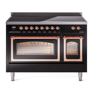 ILVE Nostalgie II 48-Inch Induction Range with 6 Induction Elements, 5.02 cu. ft. Oven, Glossy Black with Copper Trim, Triple Glass Door, UNI486NMPBKP