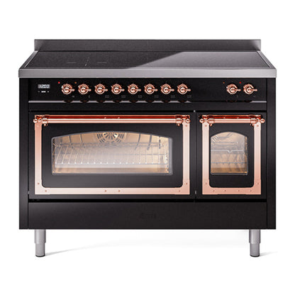 ILVE Nostalgie II 48-Inch Induction Range with 6 Induction Elements, 5.02 cu. ft. Oven, Glossy Black with Copper Trim, Triple Glass Door, UNI486NMPBKP