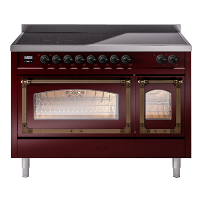ILVE Nostalgie II 48-Inch Induction Range with 6 Induction Elements, 5.02 cu. ft. Oven, Burgundy with Burnished Trim, Triple Glass Door, UNI486NMPBUB