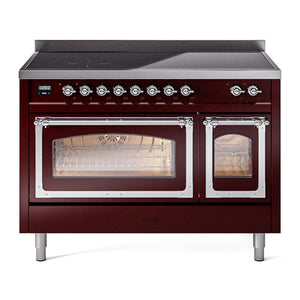ILVE Nostalgie II 48-Inch Induction Range with 6 Induction Elements, 5.02 cu. ft. Oven, Burgundy with Chrome Trim, Triple Glass Door, UNI486NMPBUC