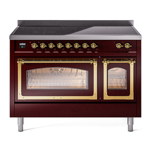 ILVE Nostalgie II 48-Inch Induction Range with 6 Induction Elements, 5.02 cu. ft. Oven, Burgundy with Brass Trim, Triple Glass Door, UNI486NMPBUG