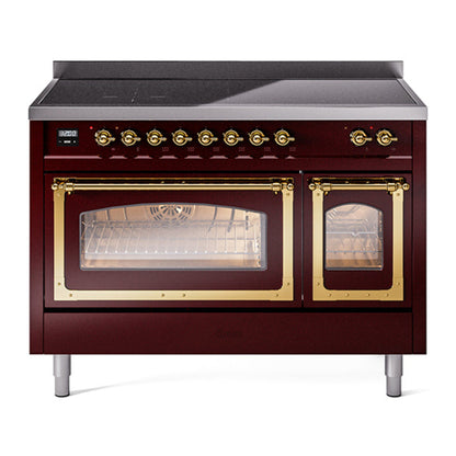 ILVE Nostalgie II 48-Inch Induction Range with 6 Induction Elements, 5.02 cu. ft. Oven, Burgundy with Brass Trim, Triple Glass Door, UNI486NMPBUG