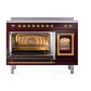 ILVE Nostalgie II 48-Inch Induction Range with 6 Induction Elements, 5.02 cu. ft. Oven, Burgundy with Brass Trim, Triple Glass Door, UNI486NMPBUG