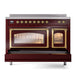 ILVE Nostalgie II 48-Inch Induction Range with 6 Induction Elements, 5.02 cu. ft. Oven, Burgundy with Brass Trim, Triple Glass Door, UNI486NMPBUG
