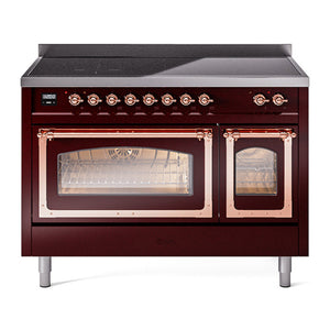 ILVE Nostalgie II 48-Inch Induction Range with 6 Induction Elements, 5.02 cu. ft. Oven, Burgundy with Copper Trim, Triple Glass Door, UNI486NMPBUP