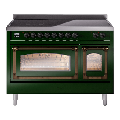 ILVE Nostalgie II 48-Inch Induction Range with 6 Induction Elements, 5.02 cu. ft. Oven, Emerald Green with Burnished Trim, Triple Glass Door, UNI486NMPEGB