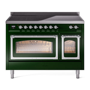 ILVE Nostalgie II 48-Inch Induction Range with 6 Induction Elements, 5.02 cu. ft. Oven, Emerald Green with Chrome Trim, Triple Glass Door, UNI486NMPEGC