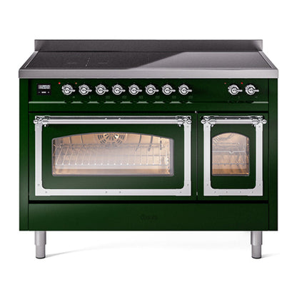 ILVE Nostalgie II 48-Inch Induction Range with 6 Induction Elements, 5.02 cu. ft. Oven, Emerald Green with Chrome Trim, Triple Glass Door, UNI486NMPEGC