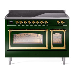 ILVE Nostalgie II 48-Inch Induction Range with 6 Induction Elements, 5.02 cu. ft. Oven, Emerald Green with Brass Trim, Triple Glass Door, UNI486NMPEGG