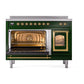 ILVE Nostalgie II 48-Inch Induction Range with 6 Induction Elements, 5.02 cu. ft. Oven, Emerald Green with Brass Trim, Triple Glass Door, UNI486NMPEGG