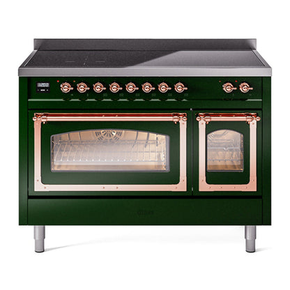 ILVE Nostalgie II 48-Inch Induction Range with 6 Induction Elements, 5.02 cu. ft. Oven, Emerald Green with Copper Trim, Triple Glass Door, UNI486NMPEGP