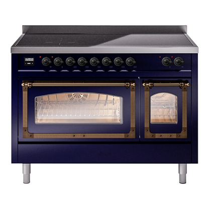 ILVE Nostalgie II 48-Inch Induction Range with 6 Induction Elements, 5.02 cu. ft. Oven, Midnight Blue with Burnished Trim, Triple Glass Door, UNI486NMPMBB