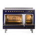 ILVE Nostalgie II 48-Inch Induction Range with 6 Induction Elements, 5.02 cu. ft. Oven, Midnight Blue with Burnished Trim, Triple Glass Door, UNI486NMPMBB