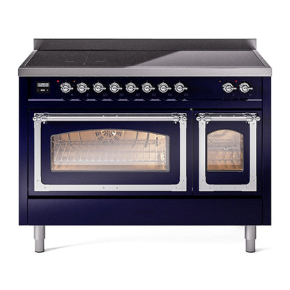 ILVE Nostalgie II 48-Inch Induction Range with 6 Induction Elements, 5.02 cu. ft. Oven, Midnight Blue with Chrome Trim, Triple Glass Door, UNI486NMPMBC