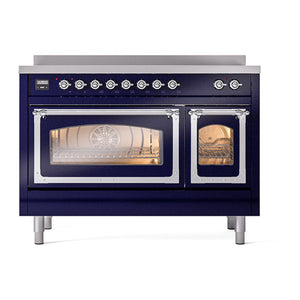 ILVE Nostalgie II 48-Inch Induction Range with 6 Induction Elements, 5.02 cu. ft. Oven, Midnight Blue with Chrome Trim, Triple Glass Door, UNI486NMPMBC