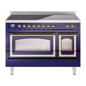 ILVE Nostalgie II 48-Inch Induction Range with 6 Induction Elements, 5.02 cu. ft. Oven, Midnight Blue with Brass Trim, Triple Glass Door, UNI486NMPMBG