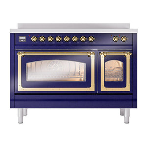 ILVE Nostalgie II 48-Inch Induction Range with 6 Induction Elements, 5.02 cu. ft. Oven, Midnight Blue with Brass Trim, Triple Glass Door, UNI486NMPMBG