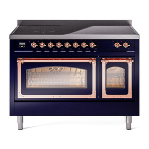 ILVE Nostalgie II 48-Inch Induction Range with 6 Induction Elements, 5.02 cu. ft. Oven, Midnight Blue with Copper Trim, Triple Glass Door, UNI486NMPMBP