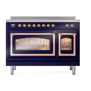 ILVE Nostalgie II 48-Inch Induction Range with 6 Induction Elements, 5.02 cu. ft. Oven, Midnight Blue with Copper Trim, Triple Glass Door, UNI486NMPMBP
