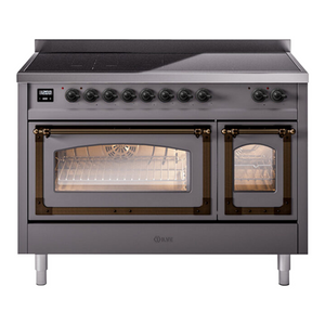 ILVE Nostalgie II 48-Inch Induction Range with 6 Induction Elements, 5.02 cu. ft. Oven, Graphite Matte with Burnished Trim, Triple Glass Door, UNI486NMPMGB