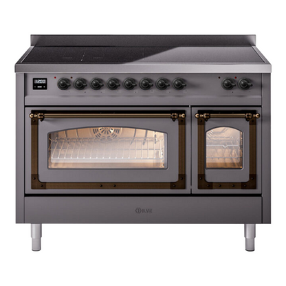 ILVE Nostalgie II 48-Inch Induction Range with 6 Induction Elements, 5.02 cu. ft. Oven, Graphite Matte with Burnished Trim, Triple Glass Door, UNI486NMPMGB