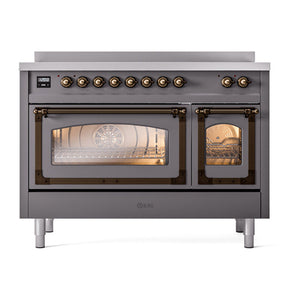 ILVE Nostalgie II 48-Inch Induction Range with 6 Induction Elements, 5.02 cu. ft. Oven, Graphite Matte with Burnished Trim, Triple Glass Door, UNI486NMPMGB