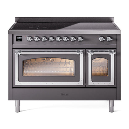 ILVE Nostalgie II 48-Inch Induction Range with 6 Induction Elements, 5.02 cu. ft. Oven, Graphite Matte with Chrome Trim, Triple Glass Door, UNI486NMPMGC