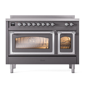 ILVE Nostalgie II 48-Inch Induction Range with 6 Induction Elements, 5.02 cu. ft. Oven, Graphite Matte with Chrome Trim, Triple Glass Door, UNI486NMPMGC