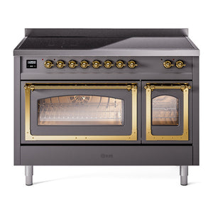 ILVE Nostalgie II 48-Inch Induction Range with 6 Induction Elements, 5.02 cu. ft. Oven, Graphite Matte with Brass Trim, Triple Glass Door, UNI486NMPMGG