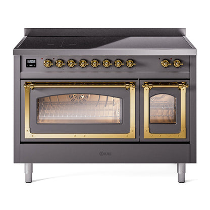 ILVE Nostalgie II 48-Inch Induction Range with 6 Induction Elements, 5.02 cu. ft. Oven, Graphite Matte with Brass Trim, Triple Glass Door, UNI486NMPMGG