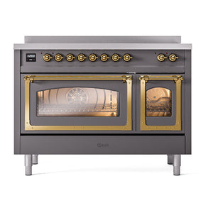 ILVE Nostalgie II 48-Inch Induction Range with 6 Induction Elements, 5.02 cu. ft. Oven, Graphite Matte with Brass Trim, Triple Glass Door, UNI486NMPMGG