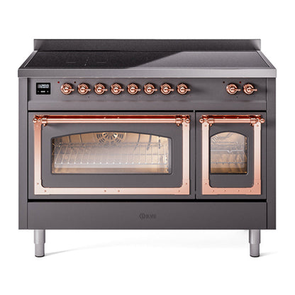 ILVE Nostalgie II 48-Inch Induction Range with 6 Induction Elements, 5.02 cu. ft. Oven, Graphite Matte with Copper Trim, Triple Glass Door, UNI486NMPMGP