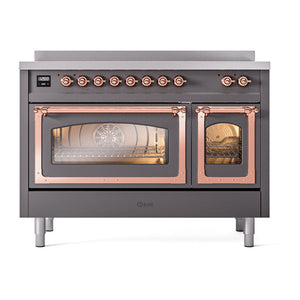 ILVE Nostalgie II 48-Inch Induction Range with 6 Induction Elements, 5.02 cu. ft. Oven, Graphite Matte with Copper Trim, Triple Glass Door, UNI486NMPMGP