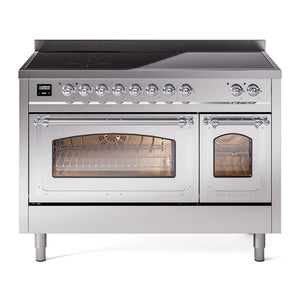 ILVE Nostalgie II 48-Inch Induction Range with 6 Induction Elements, 5.02 cu. ft. Oven, Stainless Steel with Chrome Trim, Triple Glass Door, UNI486NMPSSC