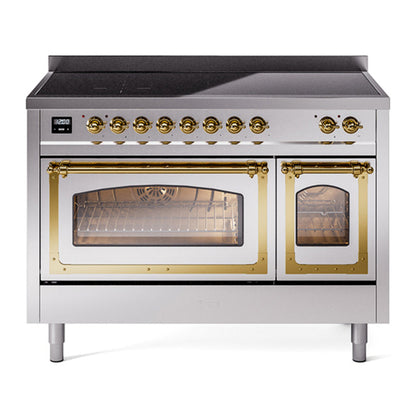 ILVE Nostalgie II 48-Inch Induction Range with 6 Induction Elements, 5.02 cu. ft. Oven, Stainless Steel with Brass Trim, Triple Glass Door, UNI486NMPSSG
