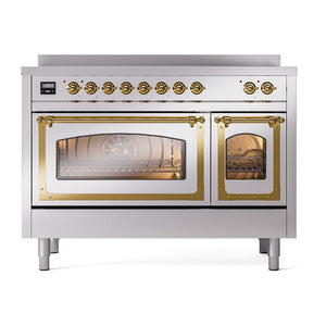 ILVE Nostalgie II 48-Inch Induction Range with 6 Induction Elements, 5.02 cu. ft. Oven, Stainless Steel with Brass Trim, Triple Glass Door, UNI486NMPSSG