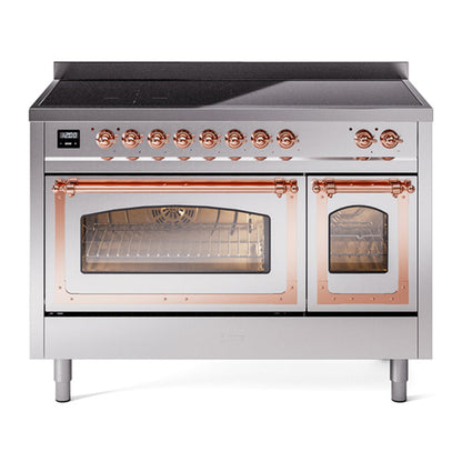 ILVE Nostalgie II 48-Inch Induction Range with 6 Induction Elements, 5.02 cu. ft. Oven, Stainless Steel with Copper Trim, Triple Glass Door, UNI486NMPSSP