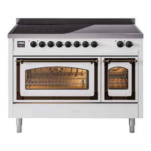 ILVE Nostalgie II 48-Inch Induction Range with 6 Induction Elements, 5.02 cu. ft. Oven, White with Burnished Trim, Triple Glass Door, UNI486NMPWHB