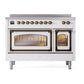 ILVE Nostalgie II 48-Inch Induction Range with 6 Induction Elements, 5.02 cu. ft. Oven, White with Burnished Trim, Triple Glass Door, UNI486NMPWHB