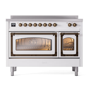 ILVE Nostalgie II 48-Inch Induction Range with 6 Induction Elements, 5.02 cu. ft. Oven, White with Burnished Trim, Triple Glass Door, UNI486NMPWHB