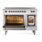 ILVE Nostalgie II 48-Inch Induction Range with 6 Induction Elements, 5.02 cu. ft. Oven, White with Burnished Trim, Triple Glass Door, UNI486NMPWHB