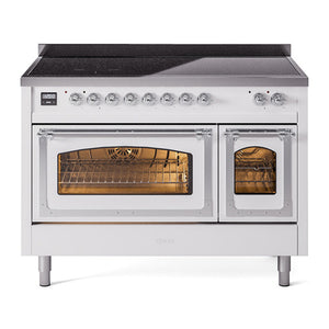 ILVE Nostalgie II 48-Inch Induction Range with 6 Induction Elements, 5.02 cu. ft. Oven, White with Chrome Trim, Triple Glass Door, UNI486NMPWHC