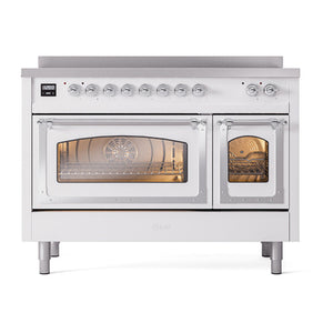 ILVE Nostalgie II 48-Inch Induction Range with 6 Induction Elements, 5.02 cu. ft. Oven, White with Chrome Trim, Triple Glass Door, UNI486NMPWHC