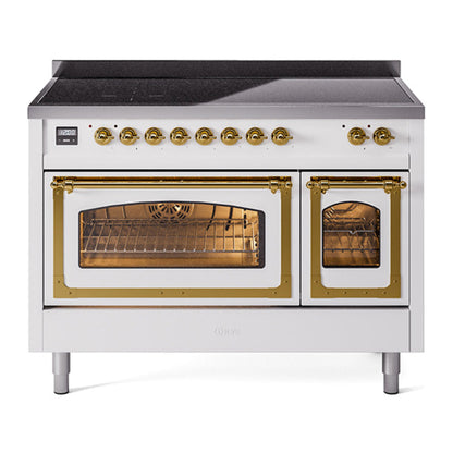 ILVE Nostalgie II 48-Inch Induction Range with 6 Induction Elements, 5.02 cu. ft. Oven, White with Brass Trim, Triple Glass Door, UNI486NMPWHG