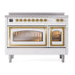 ILVE Nostalgie II 48-Inch Induction Range with 6 Induction Elements, 5.02 cu. ft. Oven, White with Brass Trim, Triple Glass Door, UNI486NMPWHG